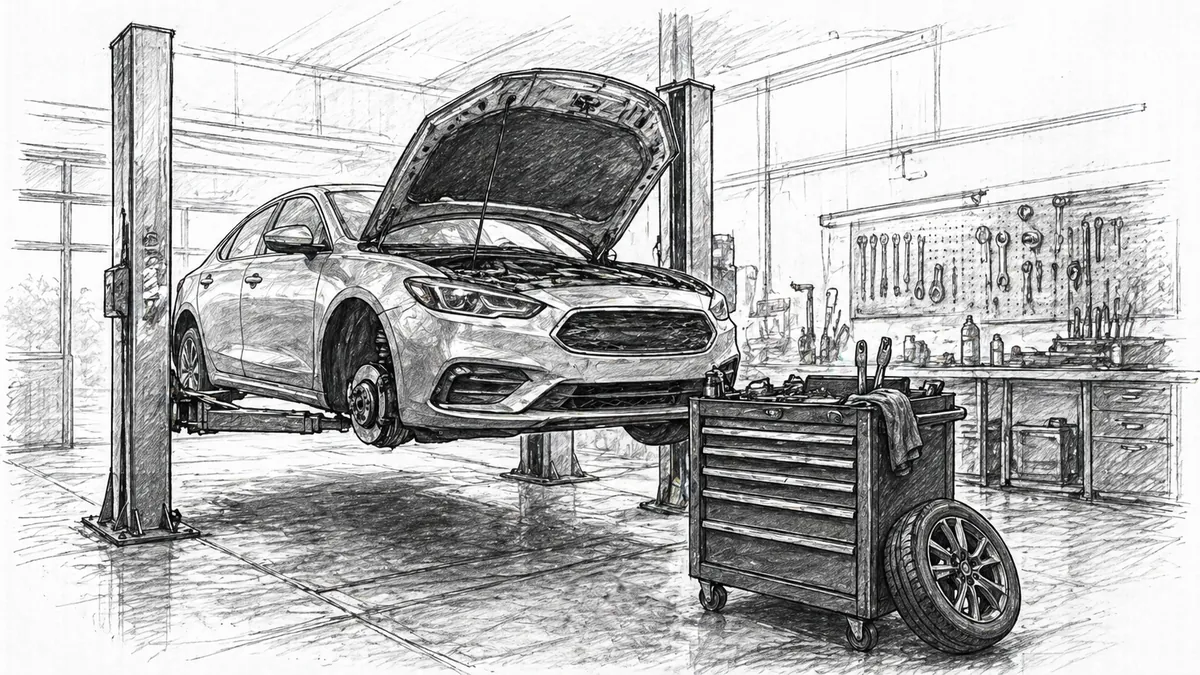 Technician inspecting a vehicle in a clean repair shop
