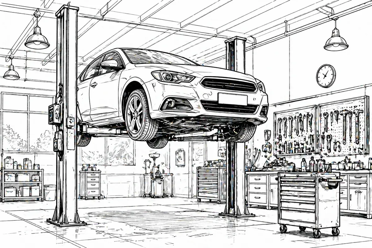 Vehicle being serviced in repair bay