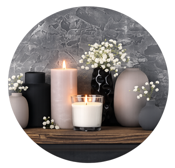 Round handmade soap displayed below the candle image