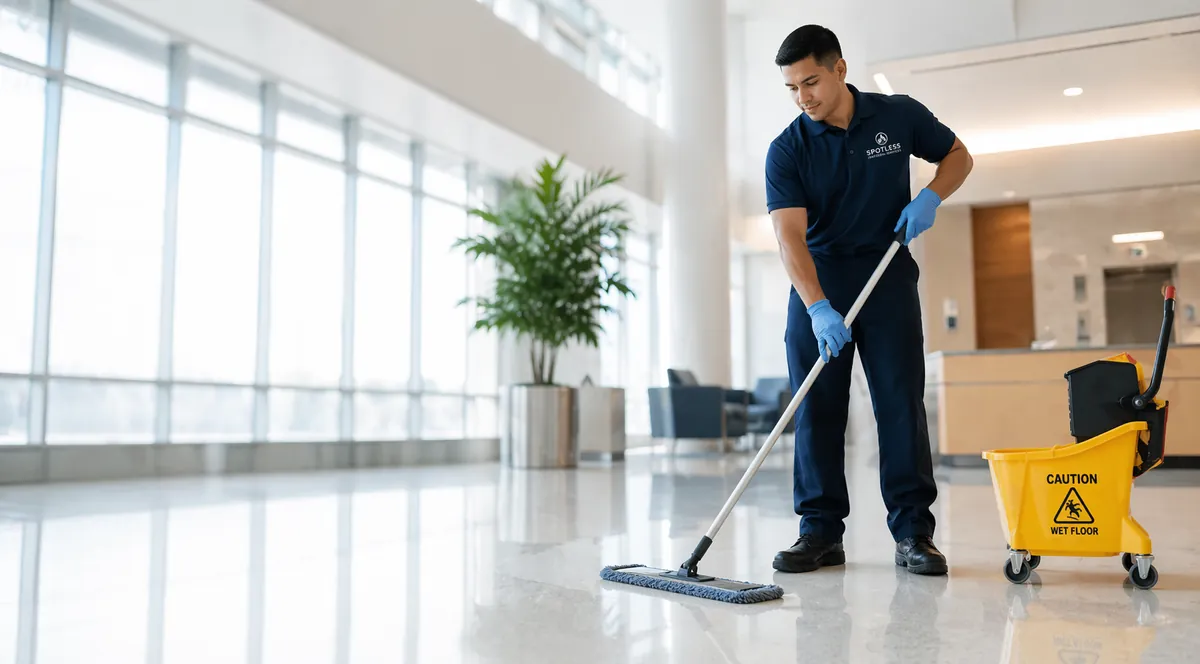 Commercial cleaning professional mopping a bright modern lobby