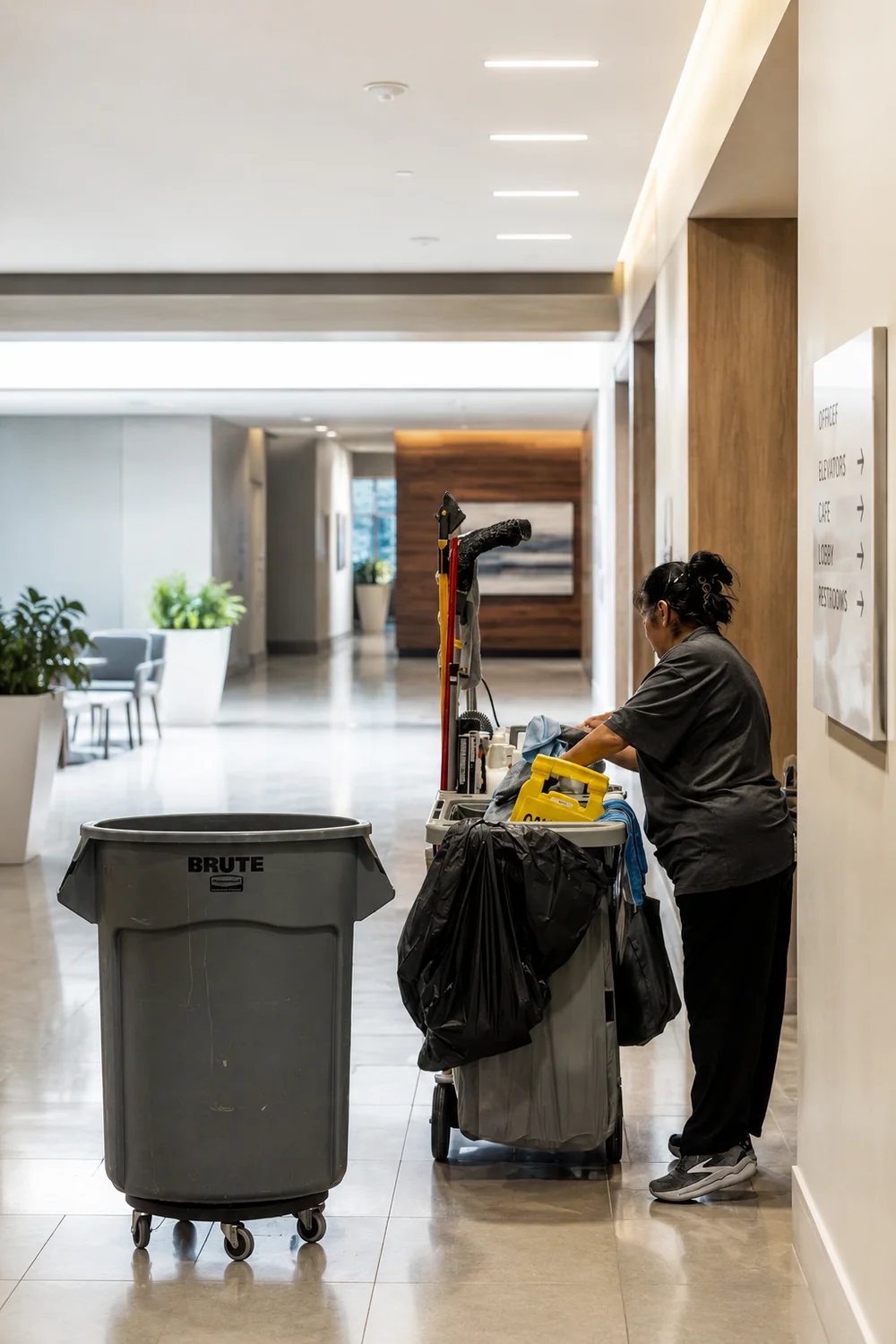 Janitorial worker with a cleaning cart in a spacious commercial hallway