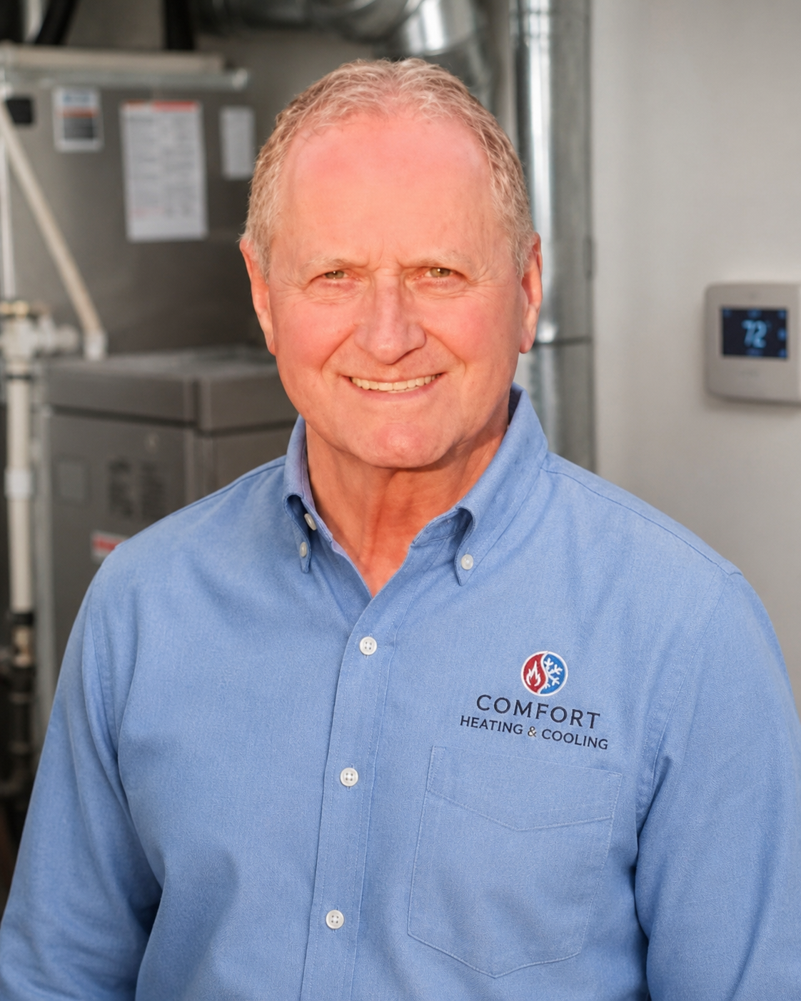 Owner of Comfort Heating and Cooling standing in an HVAC service setting