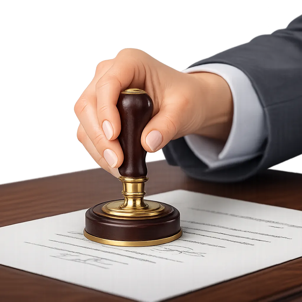 Close-up notary stamp being pressed on paperwork