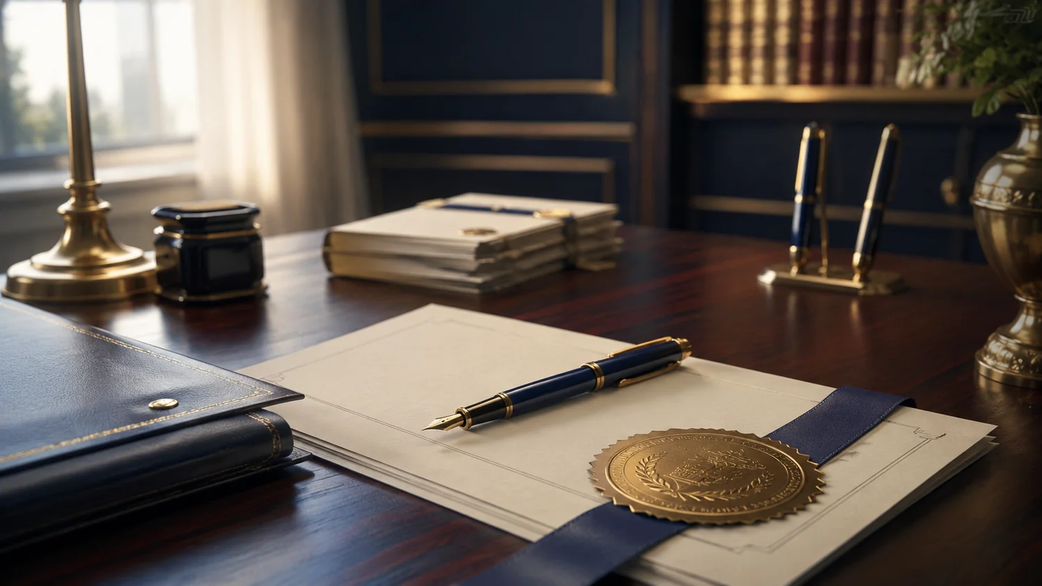 Elegant notary documents, fountain pen, and embossed seal on a polished desk