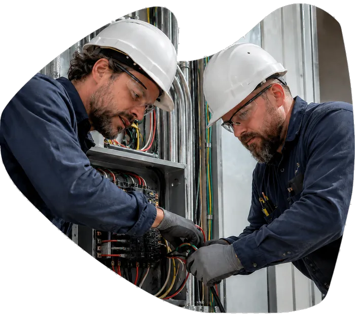 Professional electricians working together