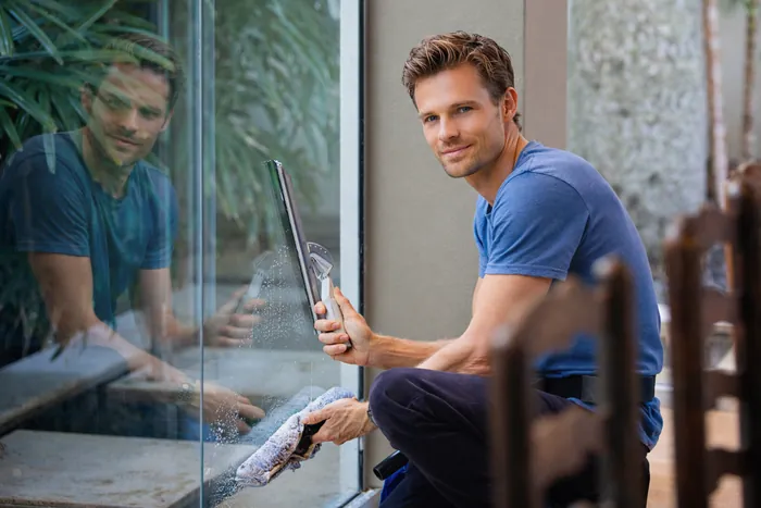 Professional cleaner wiping an interior glass window with a cloth