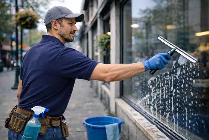 Close-up of a hand cleaning window glass with a squeegee