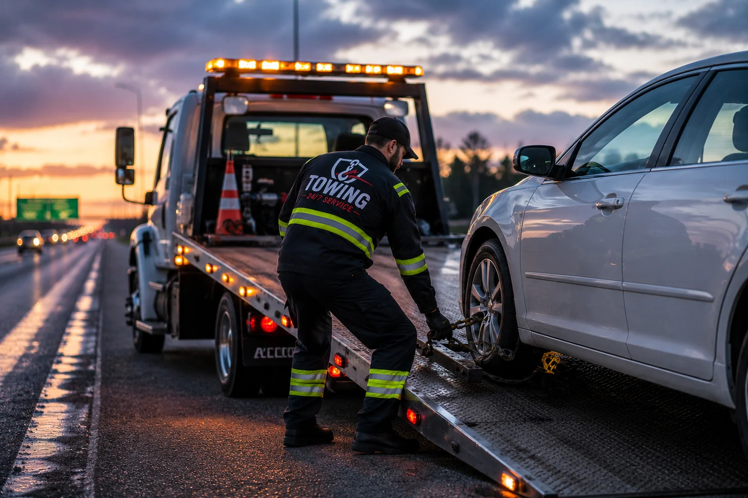 Tow truck transporting vehicles