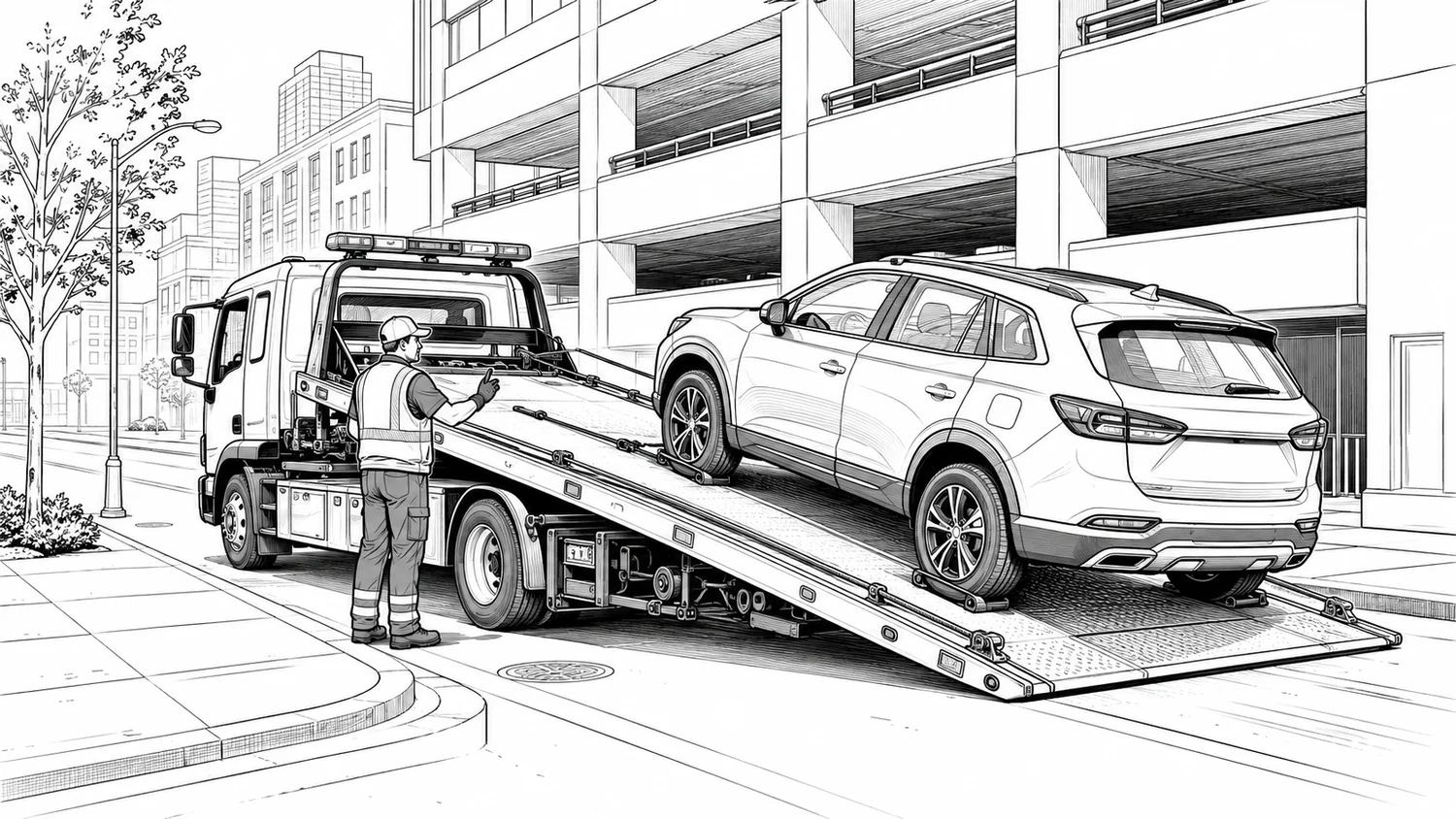 Vehicle being towed on a rainy road