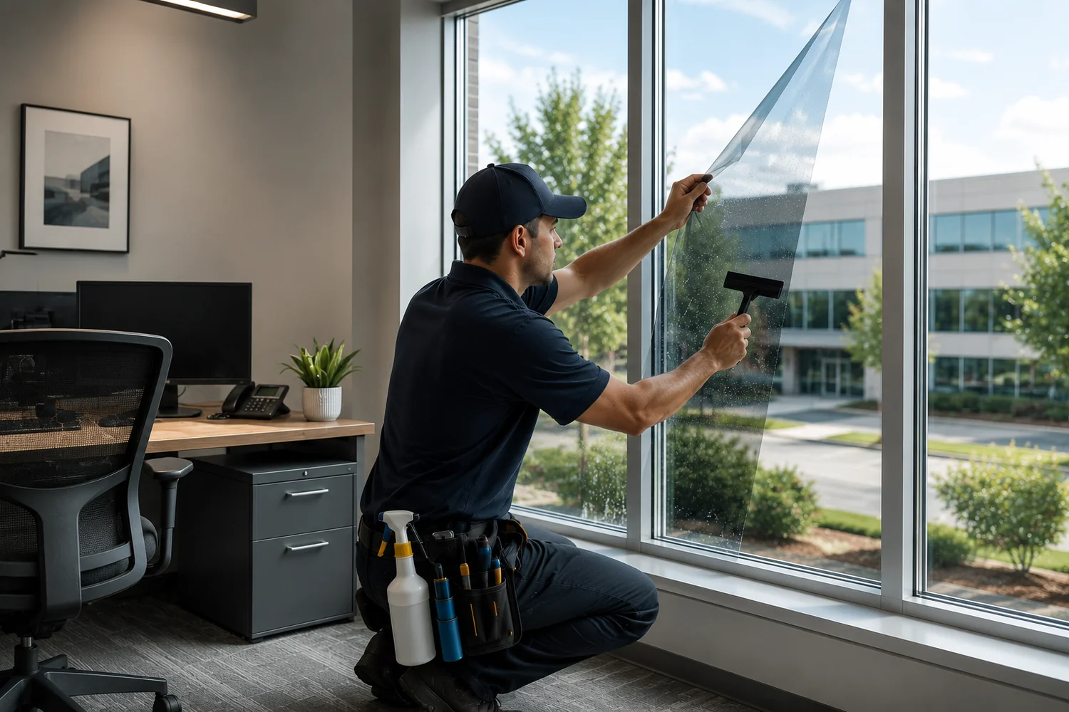 Modern workspace with tinted office windows