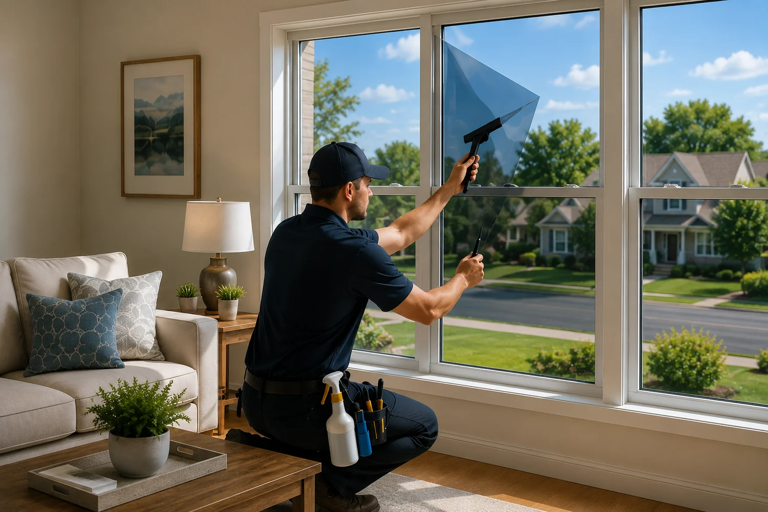 Residential room with large windows for window tinting