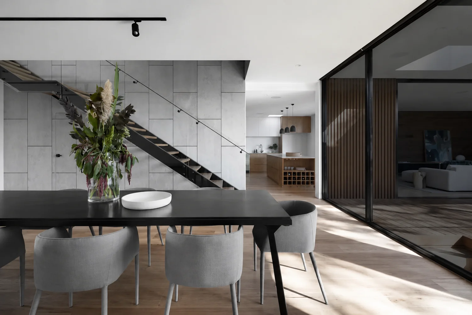 Modern office workspace with large tinted windows