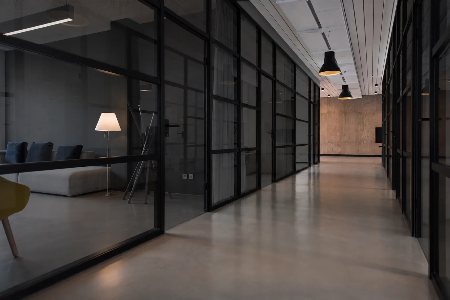 Office interior with large glass windows for commercial tinting