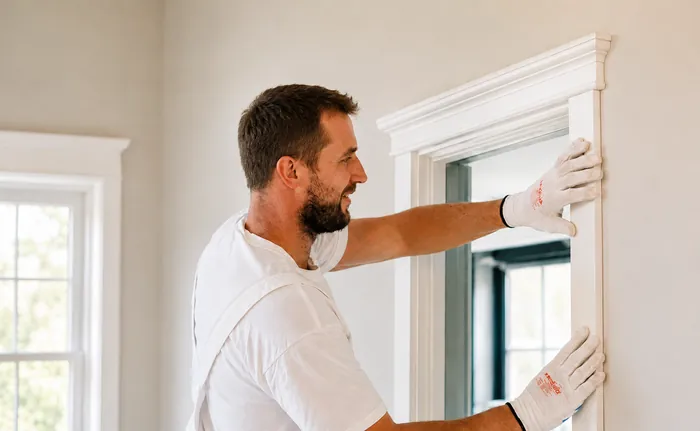 Worker installing drywall