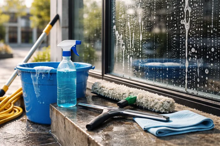 Close-up of a person cleaning a window with cloth and spray bottle indoors