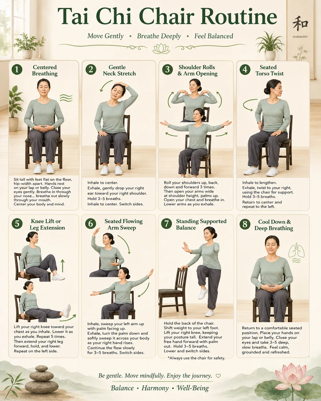 Eight-step Tai Chi chair routine chart