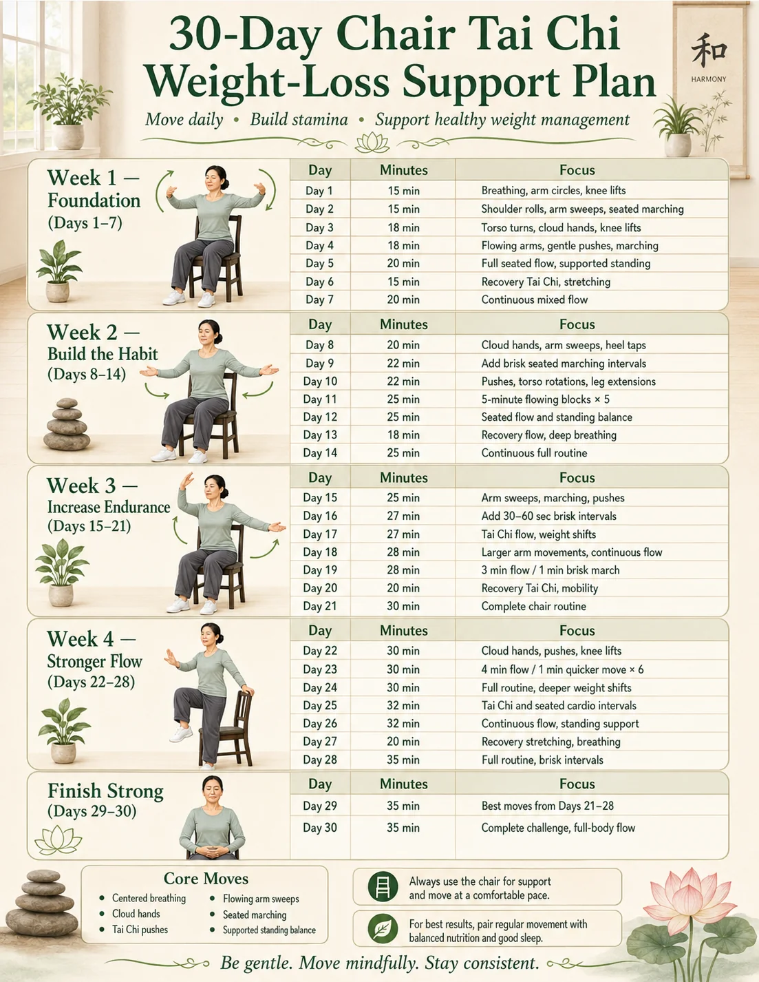 30-day Chair Tai Chi weight-management support chart