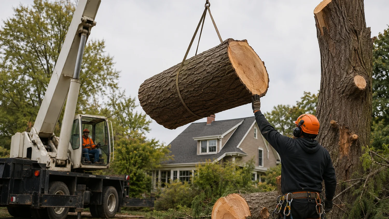 Tree removal crane service at a residential property