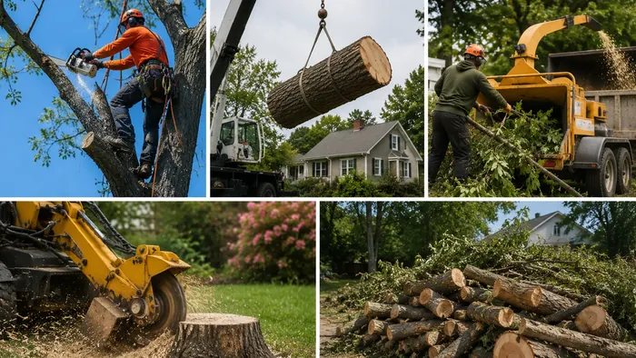 Tree removal equipment and cleanup work collage
