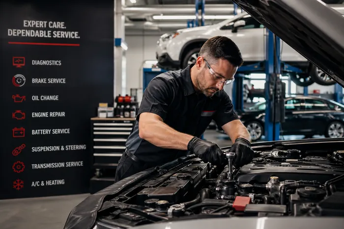 Professional auto repair technician inspecting a vehicle