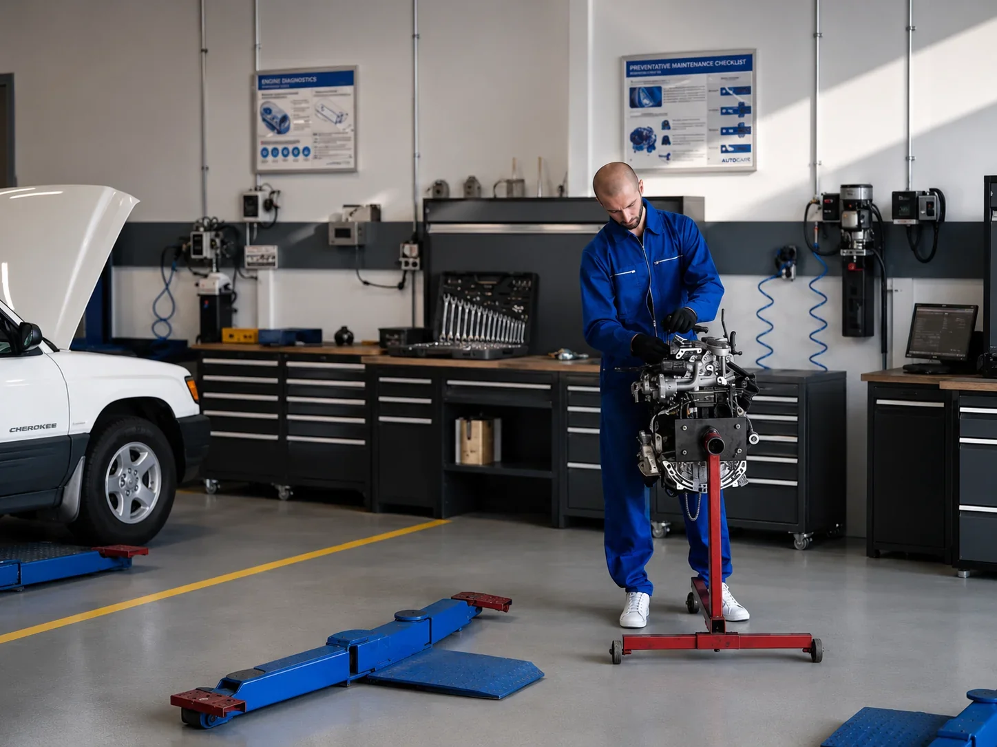 Professional mechanic rebuilding an engine in a fully equipped auto repair shop