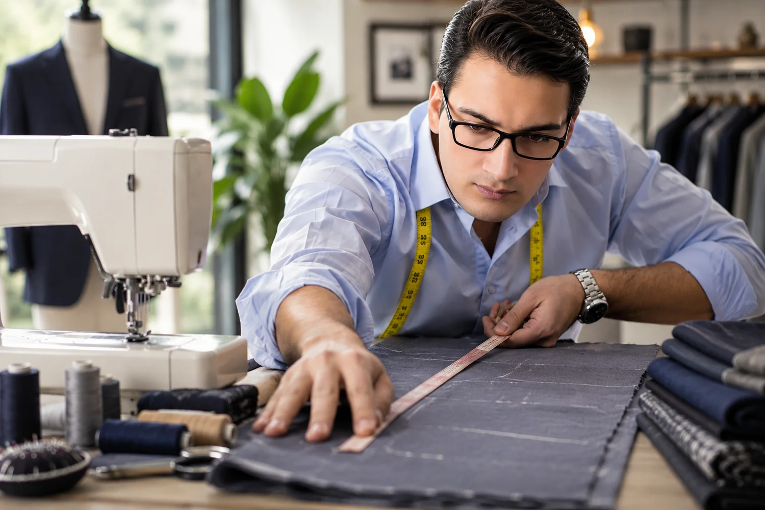 Tailor working carefully at a sewing machine in a workshop