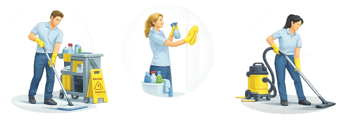 Commercial janitorial illustration showing sanitation and routine upkeep
