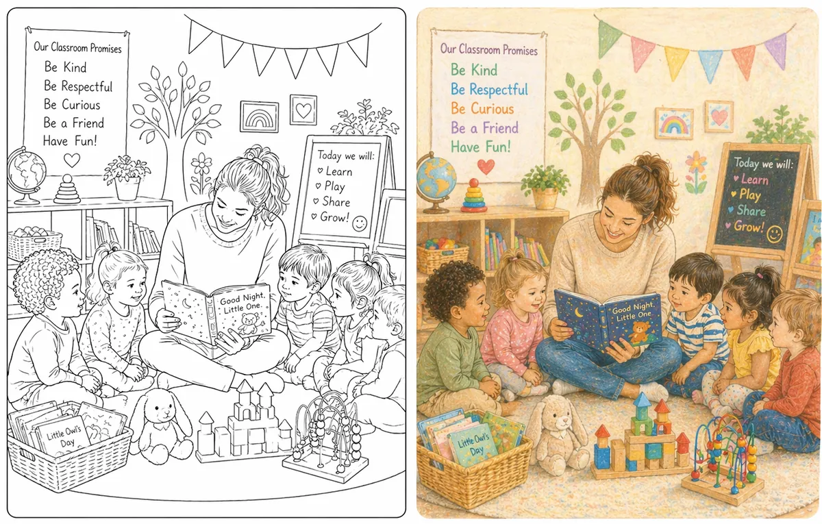 Happy child care activity in a colorful room