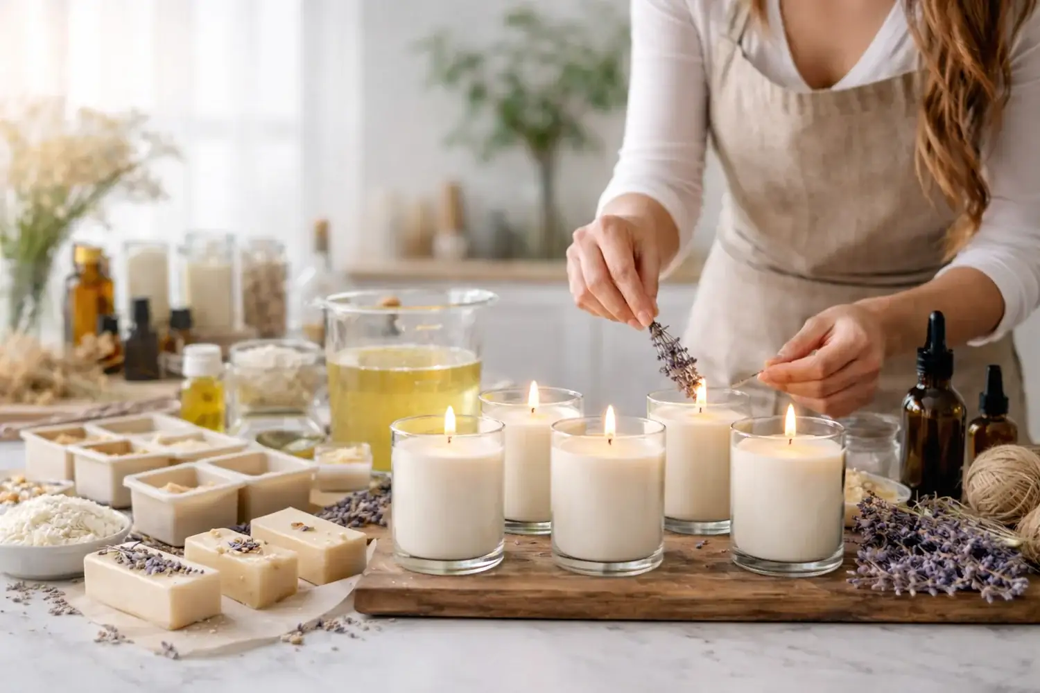 Warm candlelight and handcrafted candle display from Yvette's Candle & Soap Co.