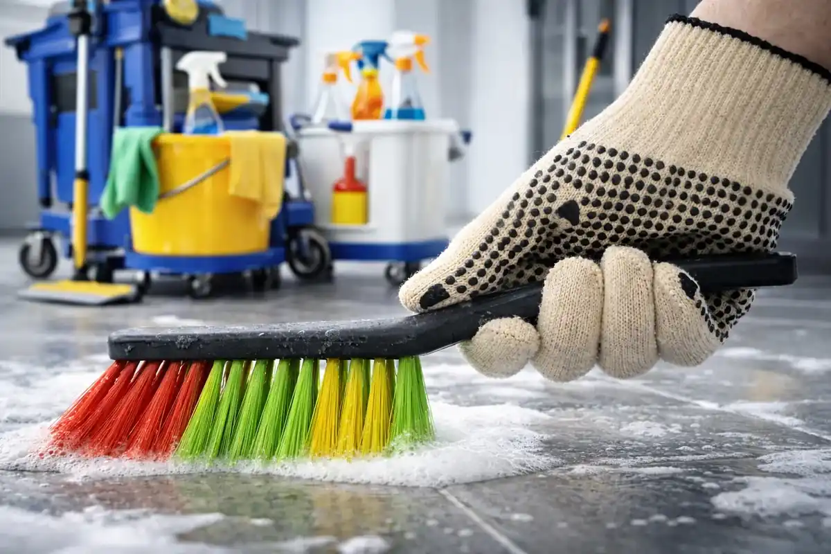 Professional janitorial scene representing consistent service and building care