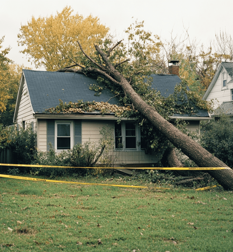 Emergency tree service after storm damage near a home