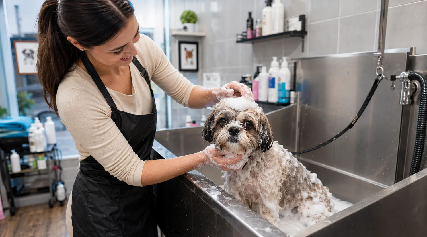 Small dog receiving a professional bath and grooming treatment
