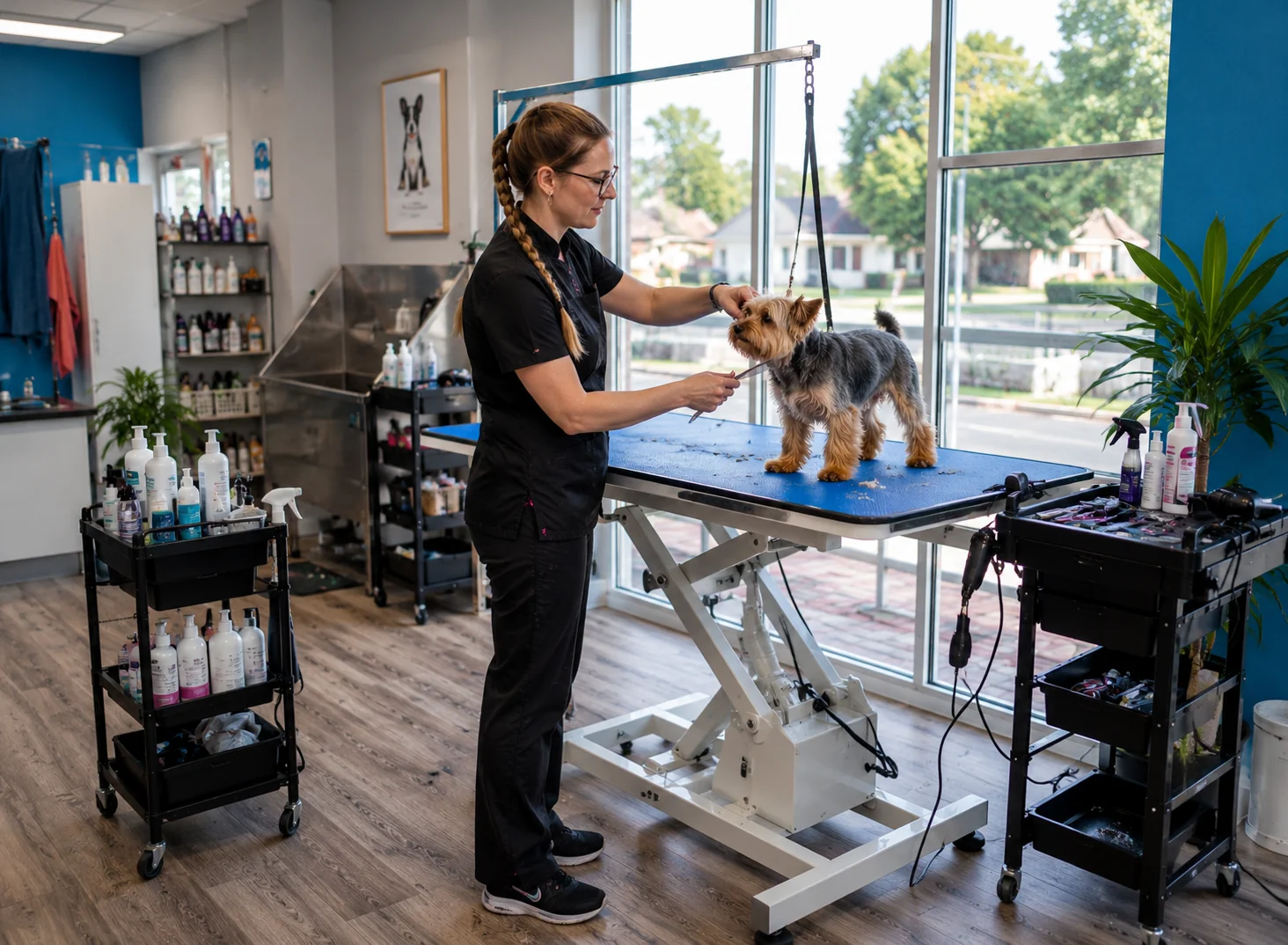Professional groomer trimming a Yorkshire Terrier during a grooming appointment