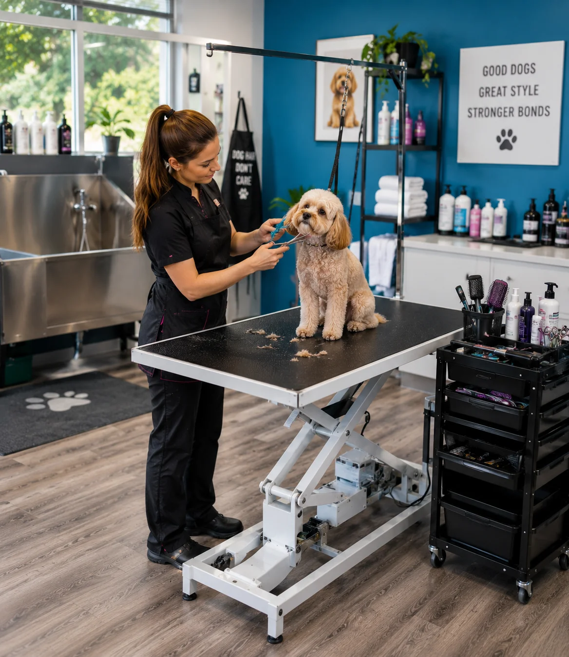 Dog groomers carefully working with a Yorkshire Terrier in a professional salon