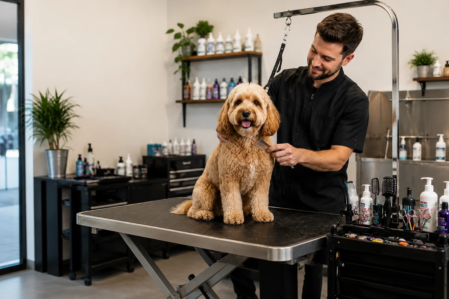 Small dog receiving professional grooming care in a pet salon