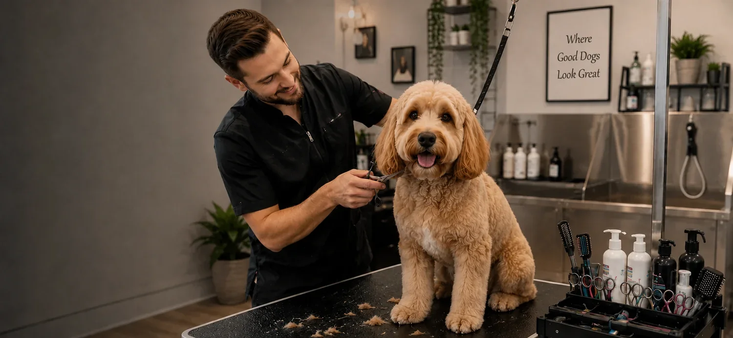 Professional groomer carefully trimming a small dog's coat in a bright grooming salon