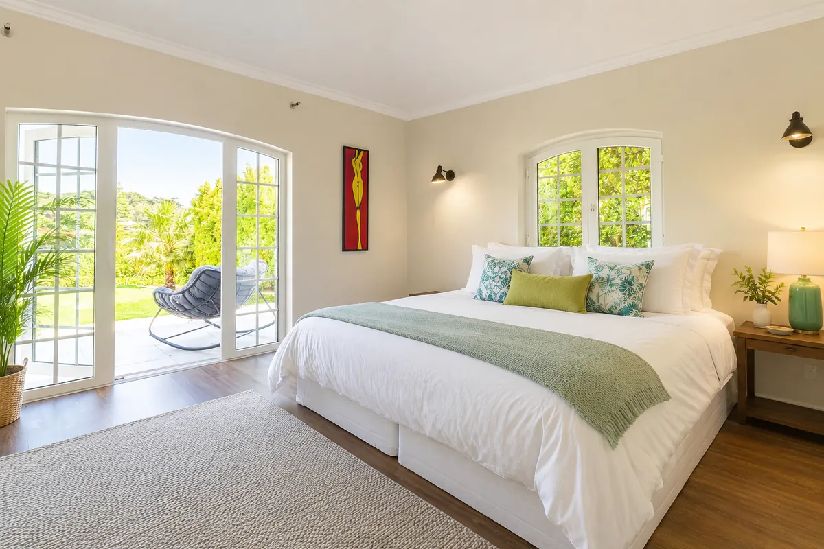 Warm, comfortable guest room with natural light and inviting bedding