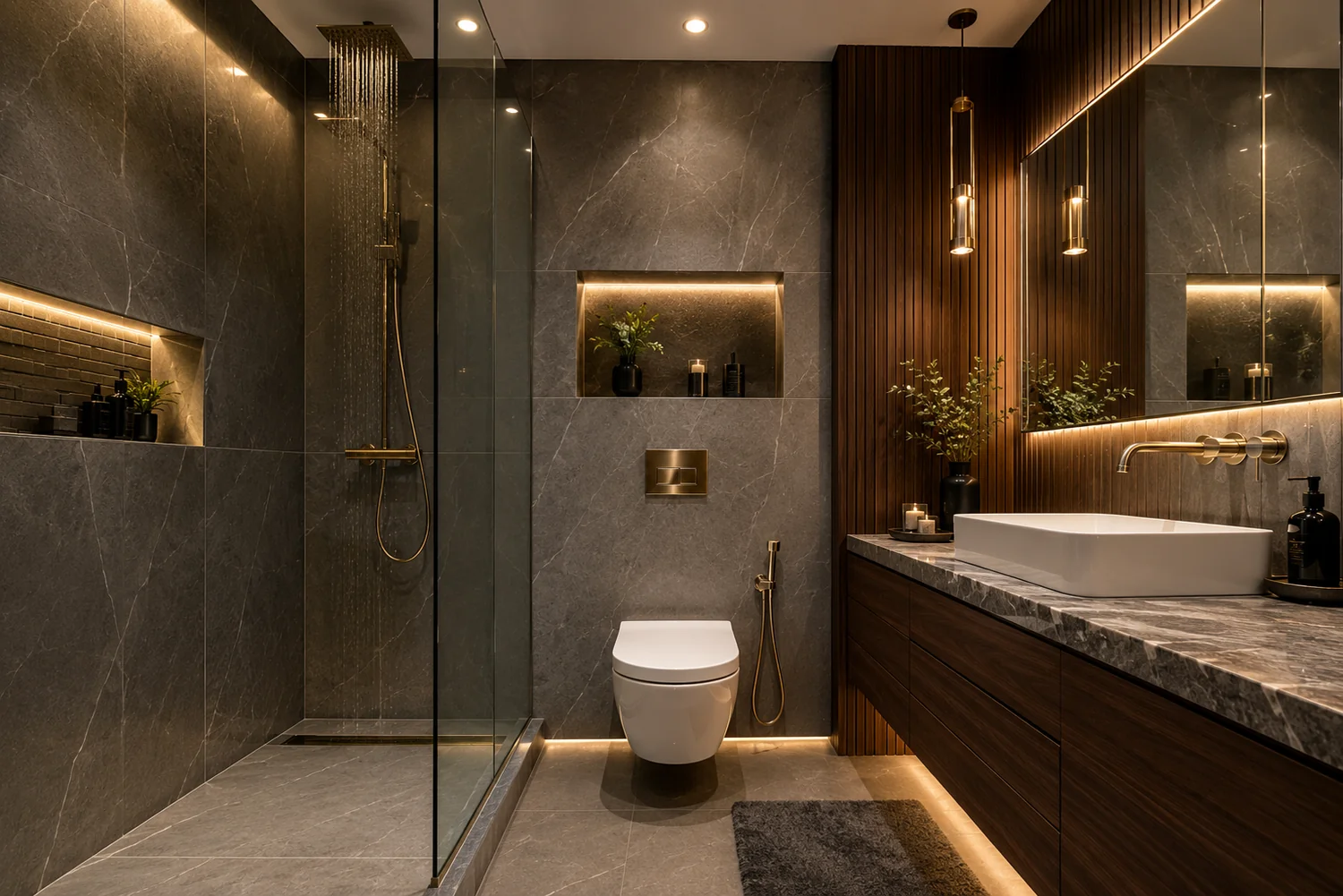 Elegant modern bathroom with walk-in shower, sink, wood finishes, and contemporary fixtures