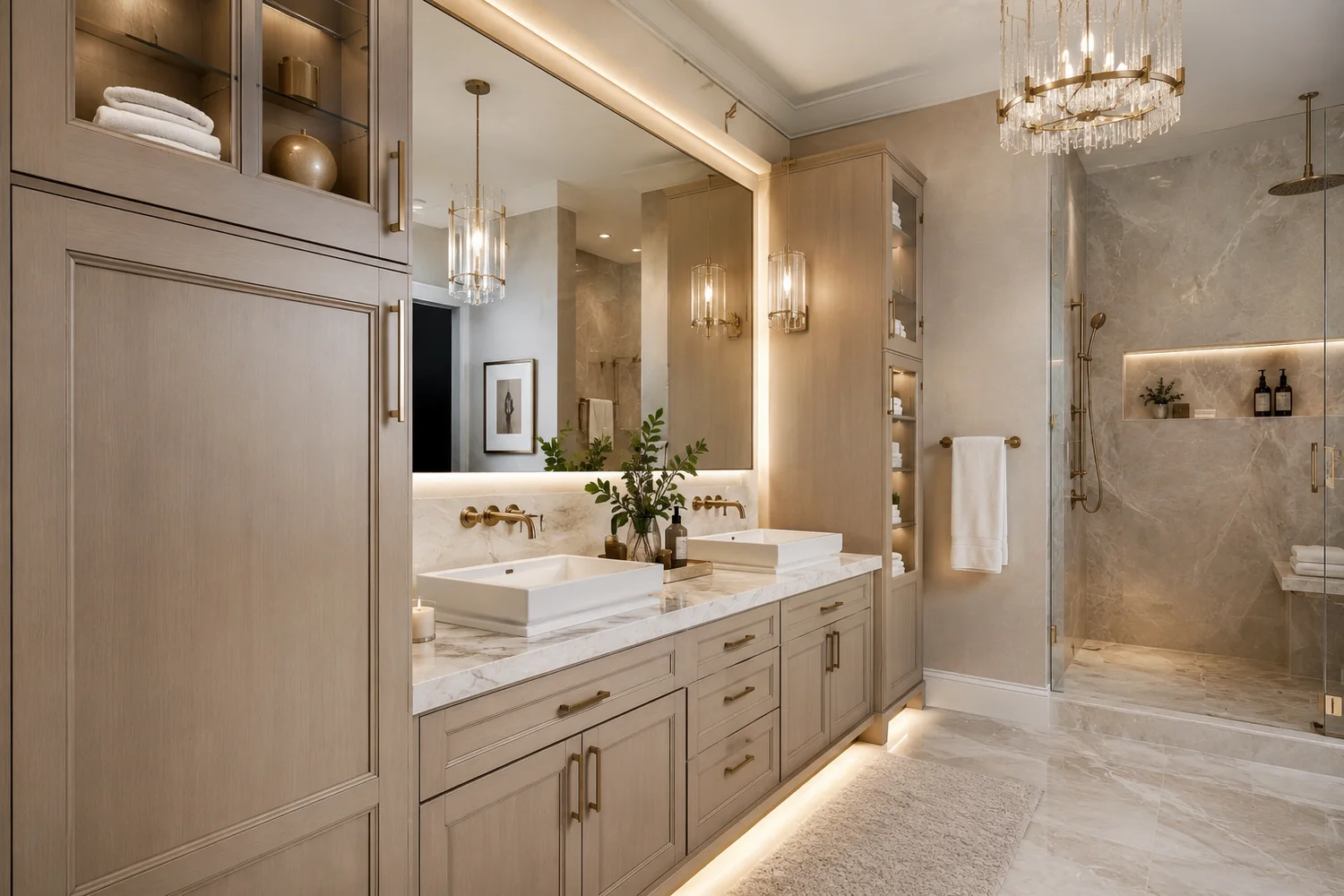 Finished modern bathroom with custom cabinetry, dual sinks, tile, and a walk-in shower