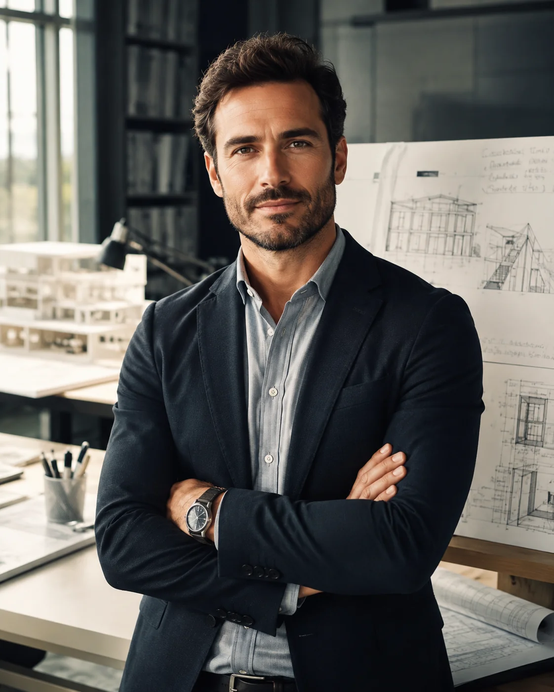 Architectural professional seated beside a building model, plans, and drafting materials