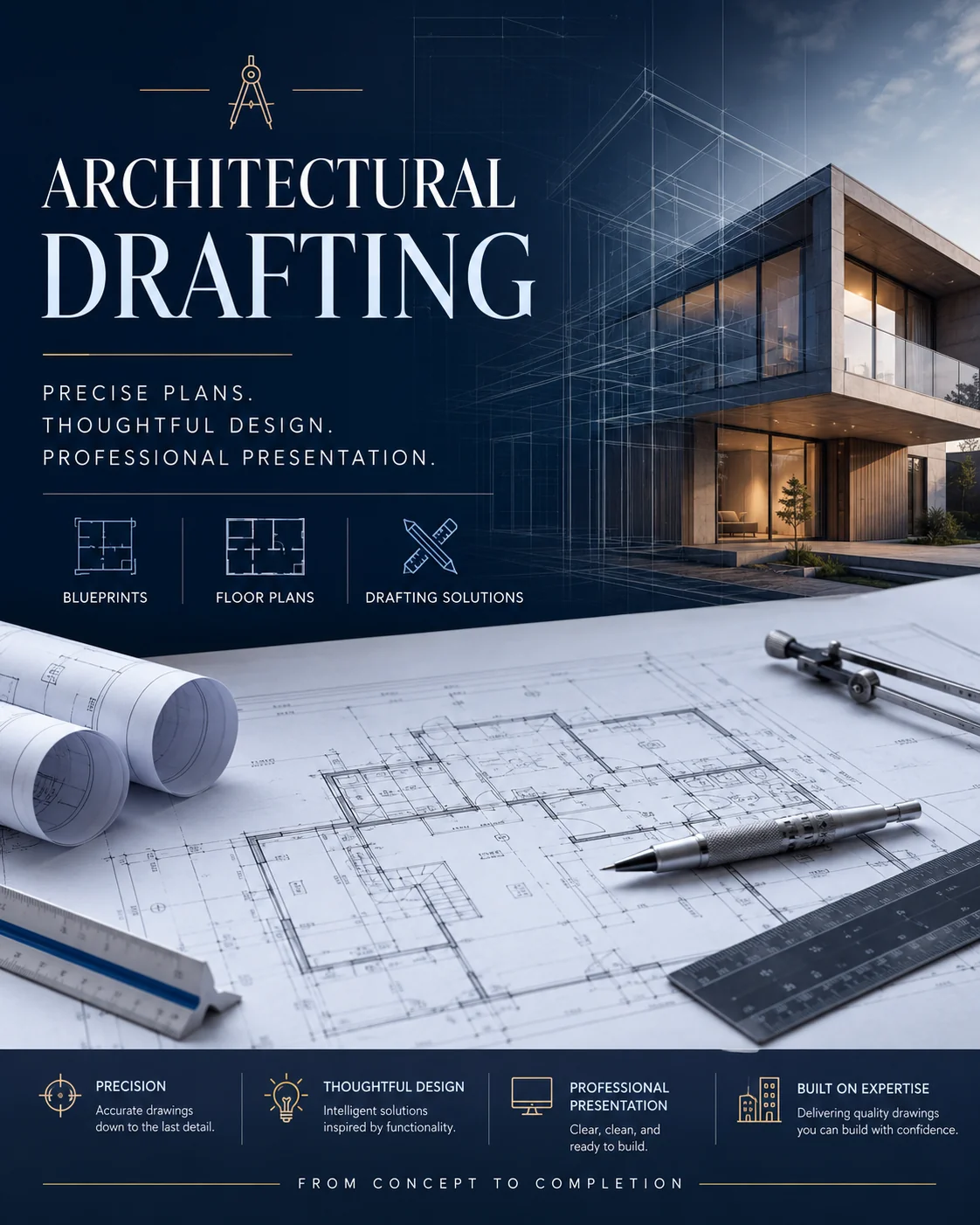 Open architectural sketchbook with plan concepts, ruler, pencil, and magnifying glass