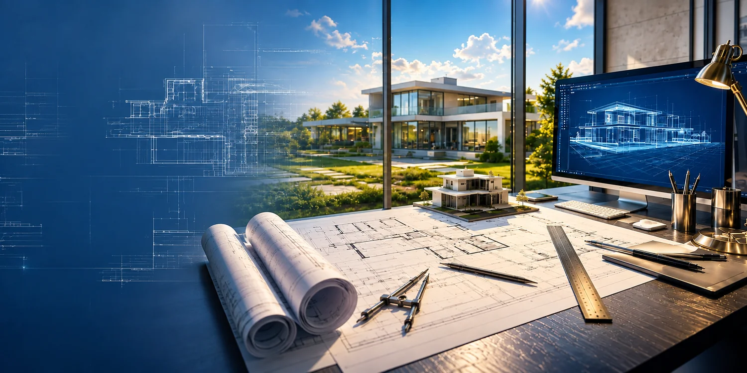 Architectural floor plan, laptop, scale ruler, and drafting notes arranged on a professional work surface
