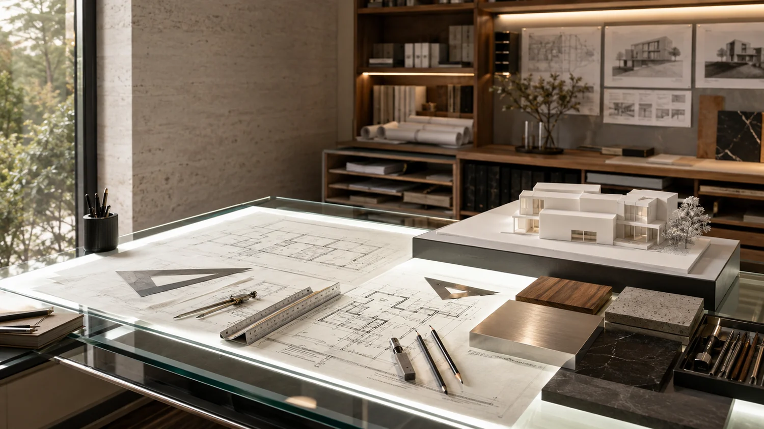Architectural drafting workspace with CAD plans and precision drawing tools