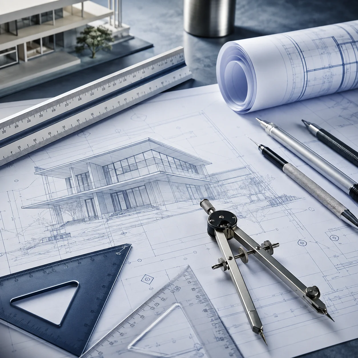 Drafting professionals reviewing architectural presentation sheets and project documents