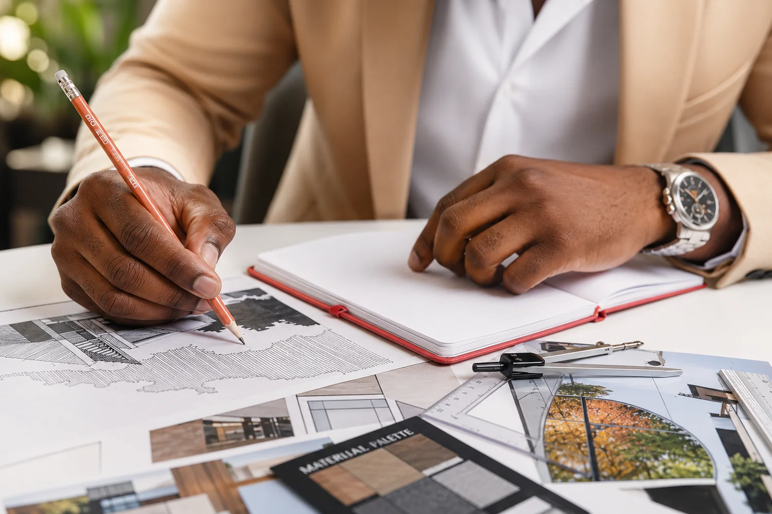 Designer marking architectural concepts with a pencil beside drafting tools and reference images