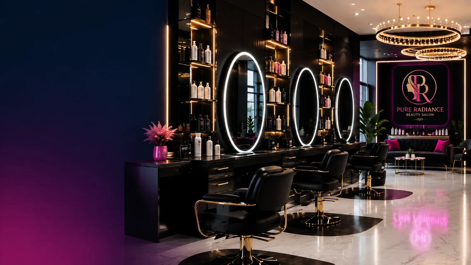 Elegant modern beauty salon interior with natural light and polished styling stations