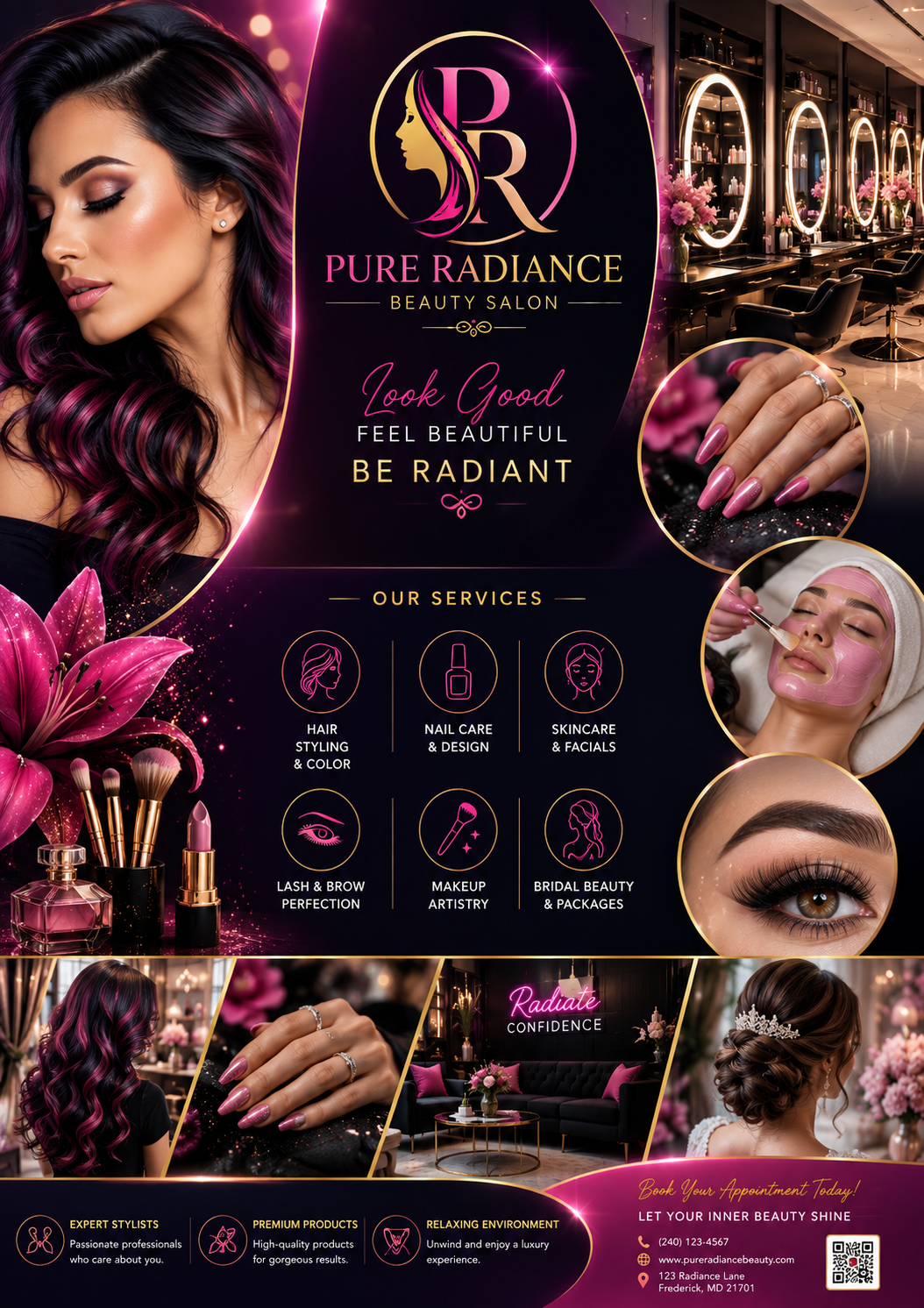 Modern beauty salon with stylish decor, lighting, mirrors, and beauty stations