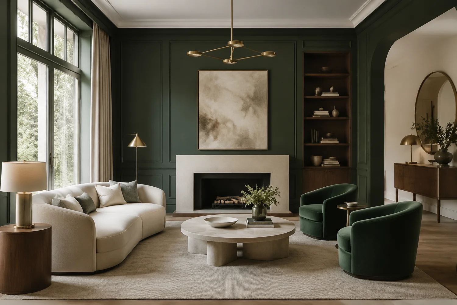 Deep green living room demonstrating a cohesive, sophisticated color direction