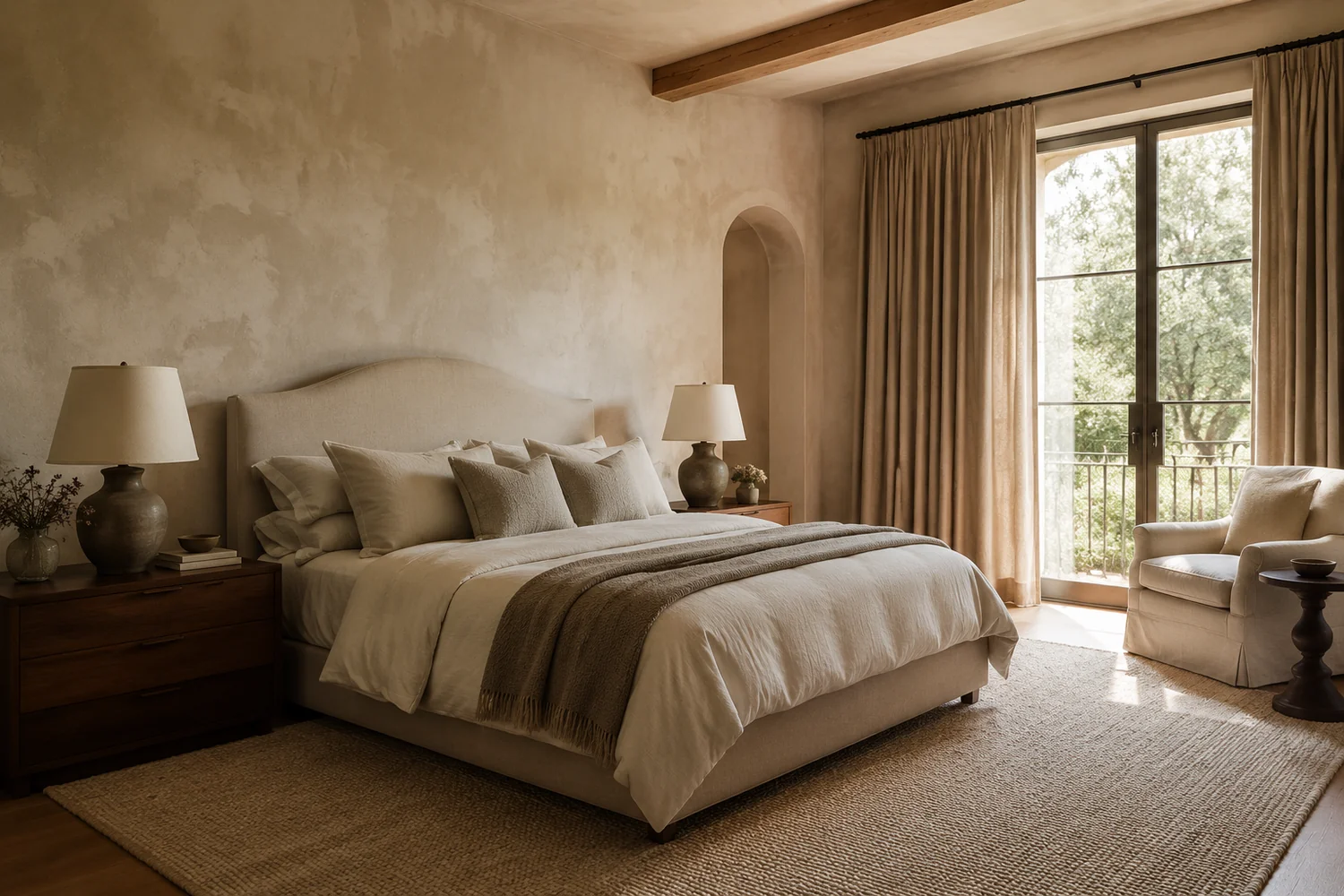 Warm neutral bedroom interior with layered textiles and natural materials