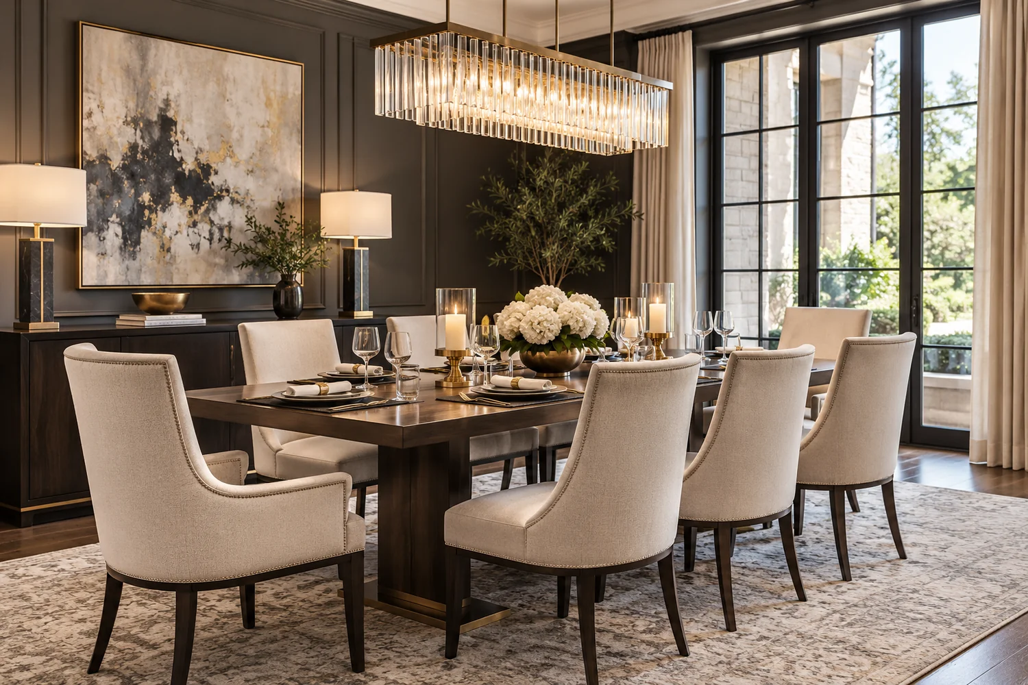 Elegant dining room with layered lighting, artwork, and coordinated furnishings